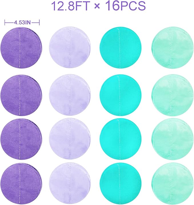 205Ft Purple Teal Big Circle Dot Backdrop Streamer Tissue Paper Polka Dot Hanging Garland for Mermaid Under The Sea Birthday Bachelorette Wedding Baby Shower Engagement Party Decorations Supplies