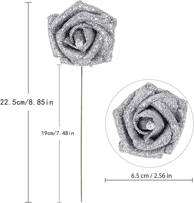 IPOPU Silver Roses,25PCS Glitter Roses Bouquet Fake Flowers with Crystal for Cake Wedding Bouquet Home Party Decoration(Silver)
