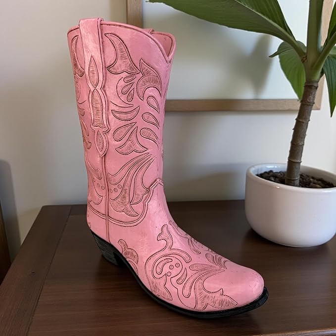 Top Brass Pink Cowboy Boot Vase – Tooled Leather Look Western Decor for Flowers/Stand Alone Accent – Resin Cowgirl Planter with Intricate Design & Protective Pads – Rustic Country Home Art, 10” Tall