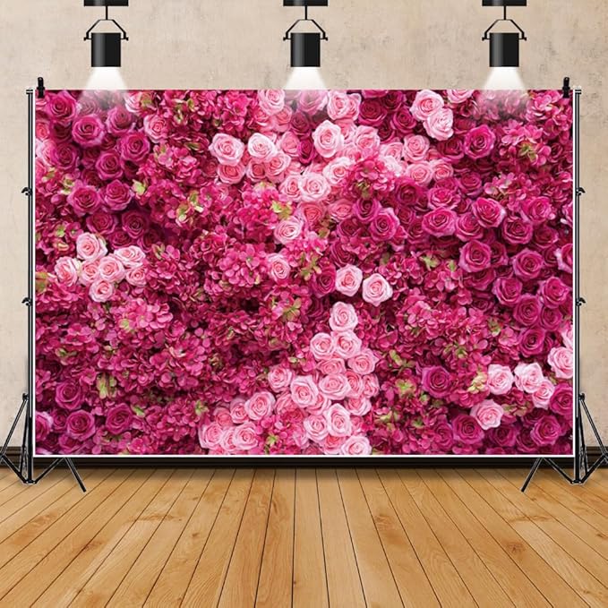 Hot Pink Red Rose Flower Backdrop Flower Wall Backdrop for Girls Woman Birthday Wedding Anniversary Bridal Shower Party Decorations Photo Booth Studio Props Vinyl 12x6ft