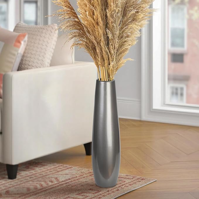 Silvery Ceramic Tall Floor Vase,17.7 Inch Large Modern Flower Vases for Home Décor,Wicker Big Floor Vases Decorations for Farmhouse, Living Room,Bedroom,Standing Plastic Vase Decorative Tall