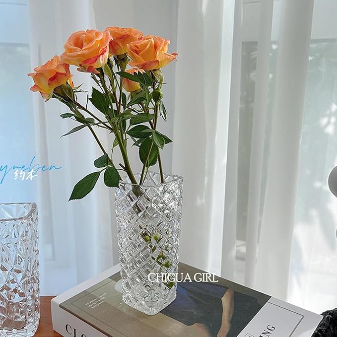 Clear Glass Vase for Flowers Esmiome Square Embossed Rectangle 6in High Glass Bud Vases Small Vase for Flowers Plant Terrarium Candle Holder Water Glasses for Wedding Centerpiece Office Table, Rhombus