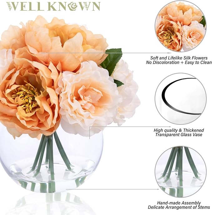 Artificial Flowers in Vase, Silk Peonies Flower Bouquet for Vase with Faux Water, Fake Flower Arrangement for Winter Wedding Party Dinning Coffee Table Centerpieces & Mom's Gift (Apricot & Nude)