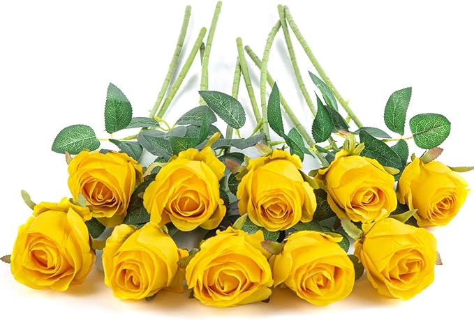 Flojery 10pcs Artificial Rose Flowers Long Stem Fake Silk Roses for DIY Wedding Bouquet Table Centerpiece Home Decor (Yellow)