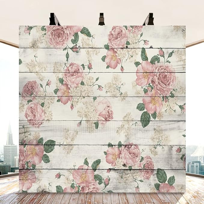 AOFOTO 10x10ft Vintage Floral Wooden Plank Backdrop Retro Wood Board with Pink Roses Photography Background Mother's Day Lady Girl Woman Portrait Wedding Birthday Party Supplies Photo Studio Props