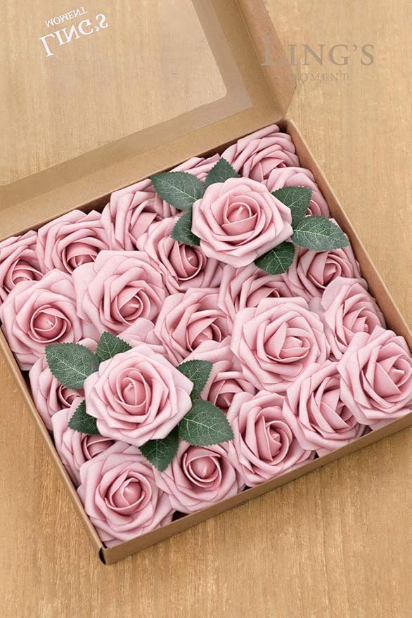 Ling's moment Artificial Flowers 25Pcs Shabby Blush Roses Decor w/Stems,3" Real Touch DIY Foam Floral for Wedding Bouquet/Centerpieces, Outdoors Party Backdrop, Room/Table, and Garden/Pot Decorations