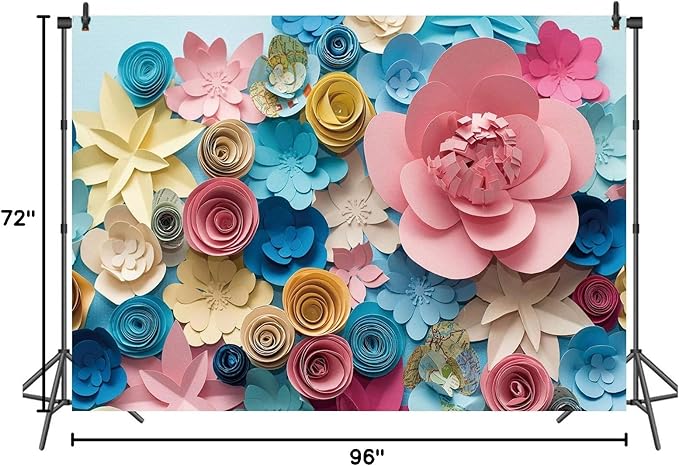 Colorful Flowers Paper Wall Photography Background 8x6FT Lovely Style Champagne Blue Pink Blossoming Flower Backdrops Portraits Shooting Video Studio Props