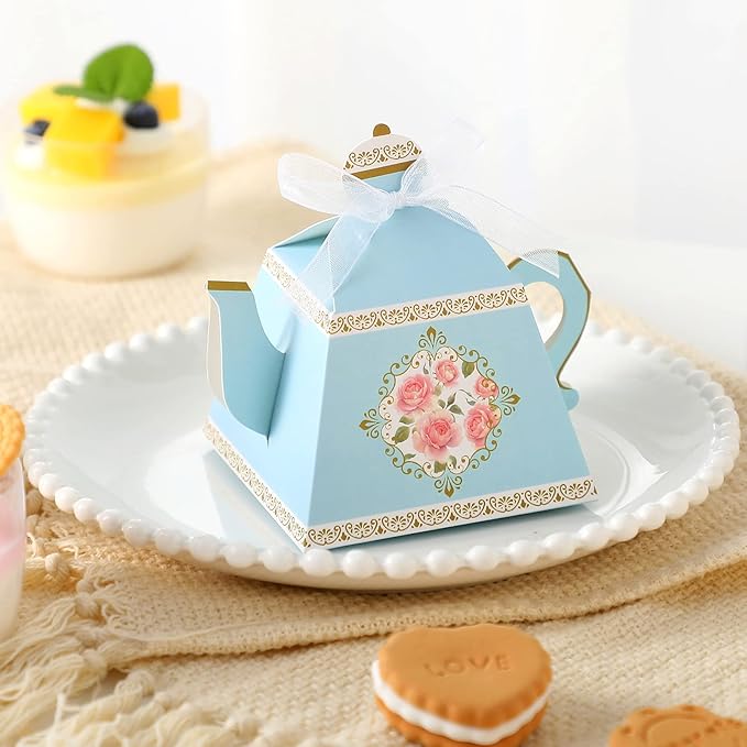 Jetec 100 Pcs Teapot Candy Box Floral Flower Tea Party Favor Gift Box Candy Boxes for Tea Garden Wedding Favors Bridal Showers Brunches Birthdays Decorations(Blue)