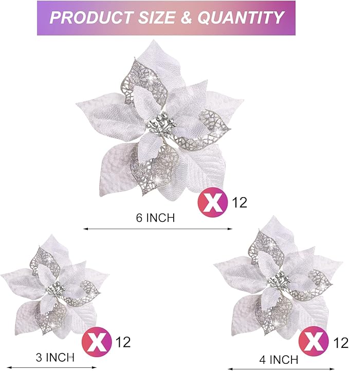 WILLBOND 36 Pieces Christmas Poinsettia Glitter Faux Flowers Christmas Artificial Flowers Tree Ornaments Topper Xmas Decorations(Silver)