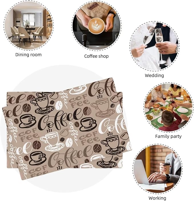 Coffee Theme Linen Placemats Set of 6 Vintage Brown Coffee Cup Table Mats Heat Resistant Place Mats for Home Party Kitchen Dining Decoration 12x18 Inch