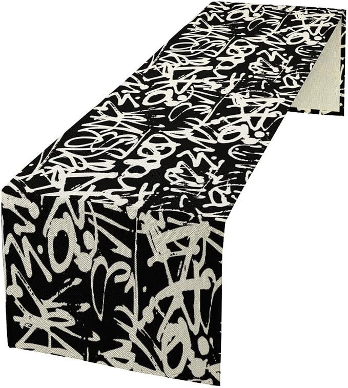 Graffiti Table Runner,Black White Abstract Messy Art Theme Pattern Print Tablecloth Burlap for Hotel Indoors Outdoor Dining Room Kitchen Home Decor,W13X L60 in