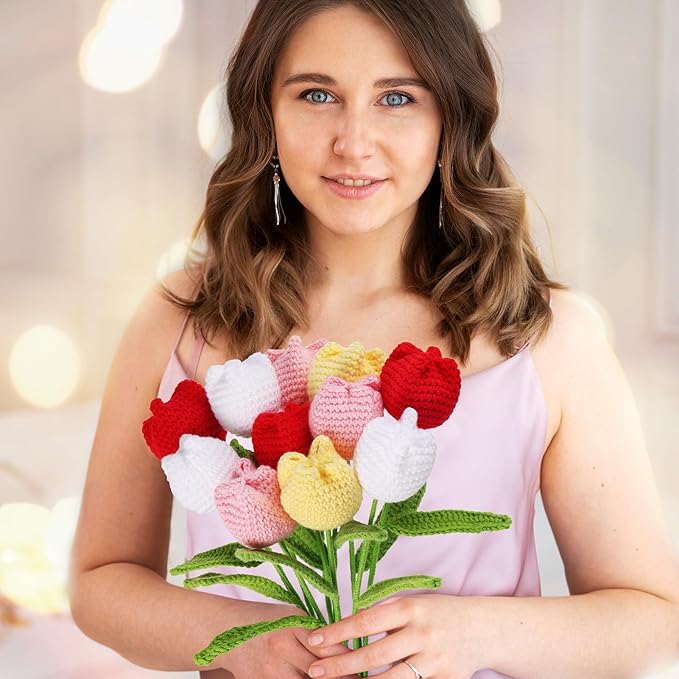 YoungJoy Crochet Rose 12 Pcs Handmade Knitted Flowers Tulip Sunflower Daisy Heart Artificial Knitted Floral Mother Day Graduation Home Decor(Cute Tulip A)
