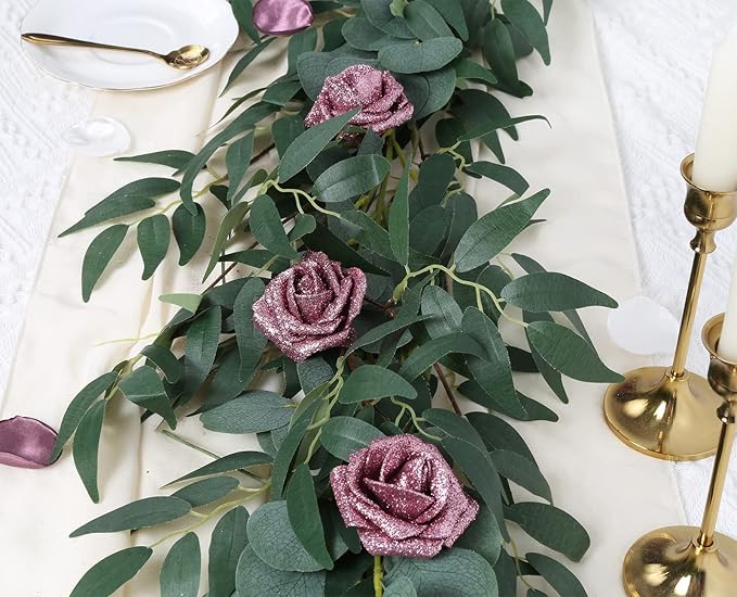 IPOPU Fake Roses,50PCS Rose Gold Flowers Artificial Glitter Roses with Stems for Crafts DIY Wedding Bouquet Home Party Decoration(Rose Gold)
