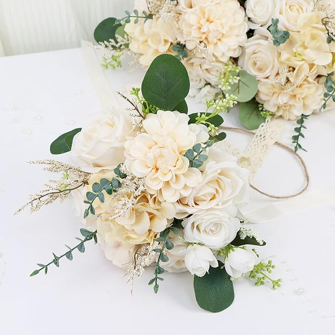 Set of 4 Bridesmaid Bouquets for Wedding, 9 Inch Boho Bridesmaid Flowers for Ceremony Anniversary Centerpieces Decorations, Artificial Rose Bouquets Romantic - Beige