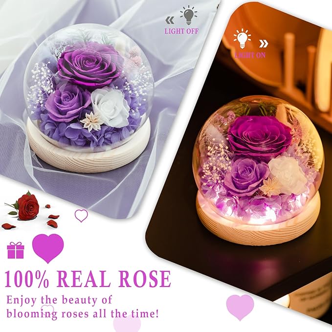 FIACO Gifts for Mom Women Birthday Preserved Flowers in Glass Dome Forever Fresh Flowers for Delivery Eternal Roses Gifts for Grandma Sister Daughter Wife