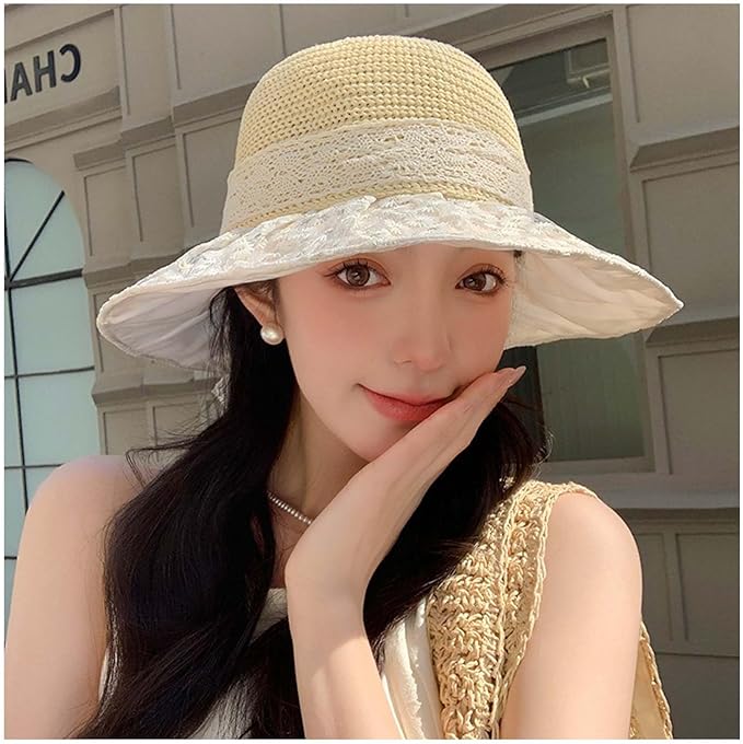Women's Sun Shade Hat UPF 50+ - Foldable Straw Beach Cap with Lace Bow, Breathable Summer Travel Hat for Women