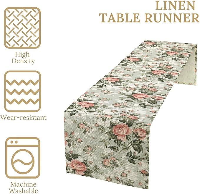 Rose Floral Table Runner, Green Pink Rose Leaf Classic Vintage Decorative Table Runner for Kitchen Dining Party Wedding Home Decor, 13x60 Inch