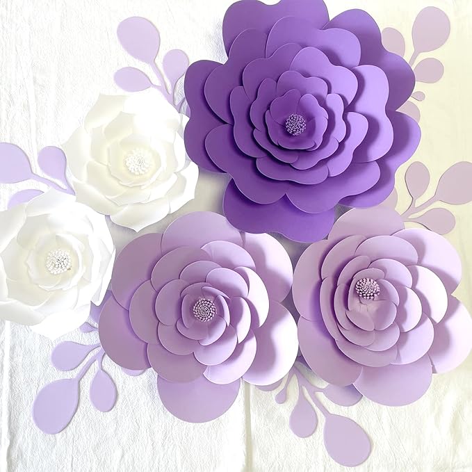 3D Party Paper Flower Decorations Need Assembled Artificial Paper Flower Decorations with Leaves Wall Backdrop Decor (White Purple Set) Wedding Bridal Nursery Baby Shower Decor Wall Flowers Decor