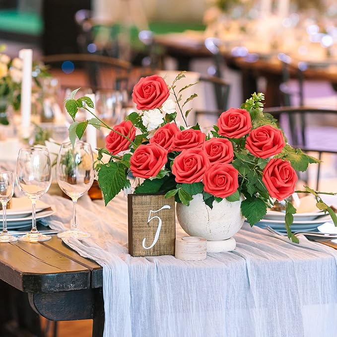 JOYLEX Artificial Flowers Realistic Roses, 50pcs Real Looking Fake Roses with Stem for DIY Wedding Bouquets Centerpieces Bridal Shower Party Home Romantic Decorations (Regular 3" - 50pcs, Red)