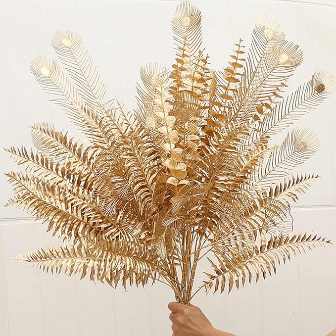PASYOU Artificial Plants Christmas Decor, Gold Fake Flowers Shrubs Plastic Grass Leaves Indoor Outdoor Home Garden Party Hotel Verandah Wedding Event Faux DIY Decoration - 30 Inch Golden 2 Bunches