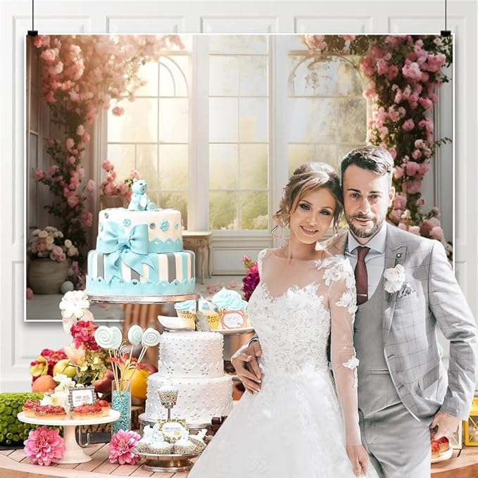 10x6.5ft Bridal Floral Backdrop for Wedding Pink Rose Window Scenery Green Leaves Elegant Photography Background for Valentine's Day Bridal Shower Birthday Spring Party Women Girl Portrait