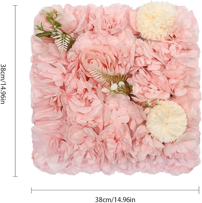 12Pcs Artificial Flower Wall Panel,3D 15" X 15" Silk Rose Mat Artificial Flower Wall,Decorative Backdrop Flower Panels Wall for Wedding Party Stage Baby Shower Decor (Pink,Champagne)