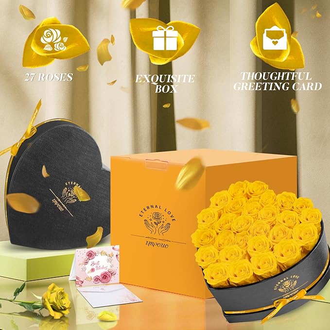 Preserved Rose in Heart Shape Box, 27 Forever Flowers, Eternal Roses, Birthday Gifts for Women, Her, Wife Mother's Day, Yellow