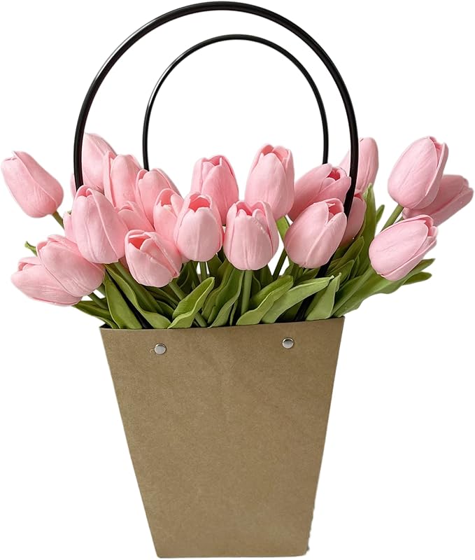 UKELER Pink Tulips Artificial Flowers Bulk 24 Pcs Fragrant Real Touch Artificial Tulip Flowers for Home Kitchen Wedding Birthday Party Decorations