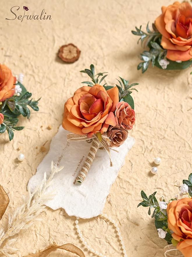 Serwalin 6PCS Orange Rose Boutonniere for Men Wedding Groom Groomsmen Best Man Boutonniere for Wedding Ceremony Anniversary Prom Flowers Formal Dinner Party, Orange