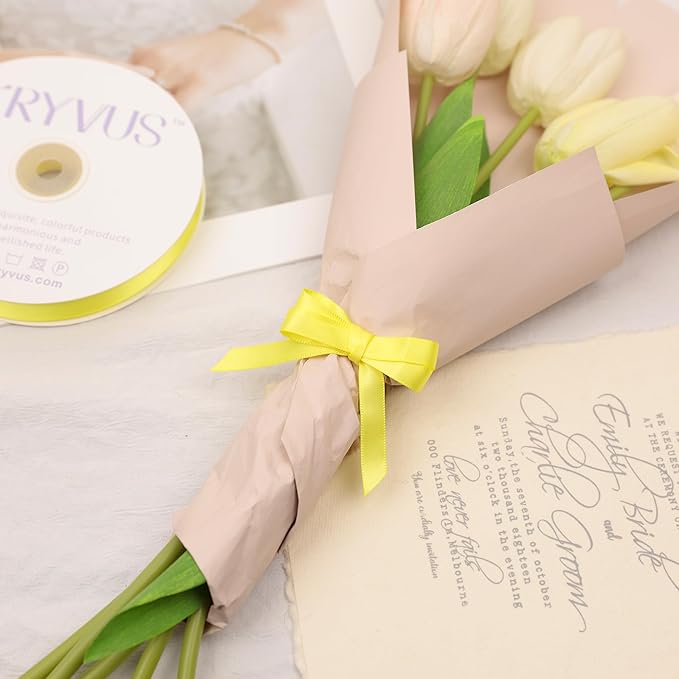 Lemon Yellow Satin Ribbon, Double Faced 3/8 Inch X 50 Yards, Premium Polyester Satin Ribbon for Gift Wrapping, Crafts, Wedding Party Decor
