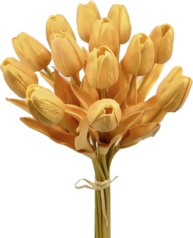 Mandy's Artificial Tulips 12 Stems Fully Gold PU Faux Flowers for Thanksgiving Christmas Decorations Wedding Home Decor 13.5 Inch