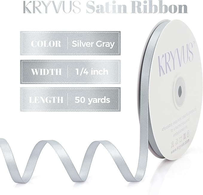 Silver Gray Satin Ribbon, Double Faced 1/4 Inch X 50 Yards Silver Gray Ribbon, Premium Satin Ribbon for Gift Wrapping, Crafts, Hair Bow Making, Sewing, Flower Bouquet, Wedding Party Decor