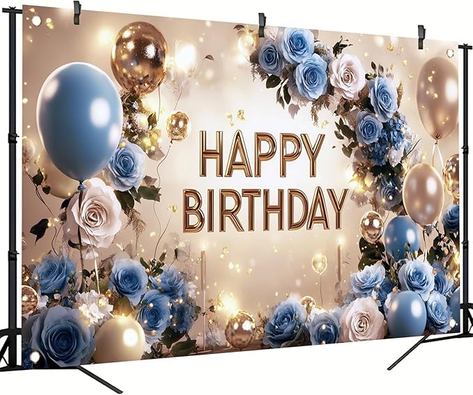 Blue and Gold Happy Birthday Backdrop Banner Elegant Floral Balloon Photography Background Birthday Party Decorations Glittering Rose Blue Gold Balloons Banner Supplies 71x43 Inch