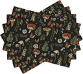 Mushroom Placemats Set of 4,Vintage Gothic Mushroom Fern Kitchen Place Mats Linen 12x18 Inch,Black 4 PCS, Style-5