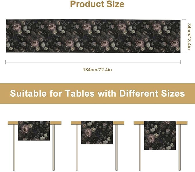 Gothic Floral Table Runner, Vintage Garden Flower Black Witchy Farmhouse Coffee Table Center Decor for Home Kitchen Dining Patio Holiday Party Table Decorations 13x72 inches