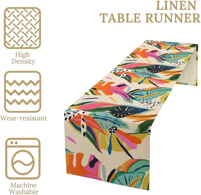Colorful Flower Table Runner,Abstract Flower Blossom Botanical Pattern Print Tablecloth Burlap for Hotel Indoors Outdoor Dining Room Kitchen Table Decor, 13x60in