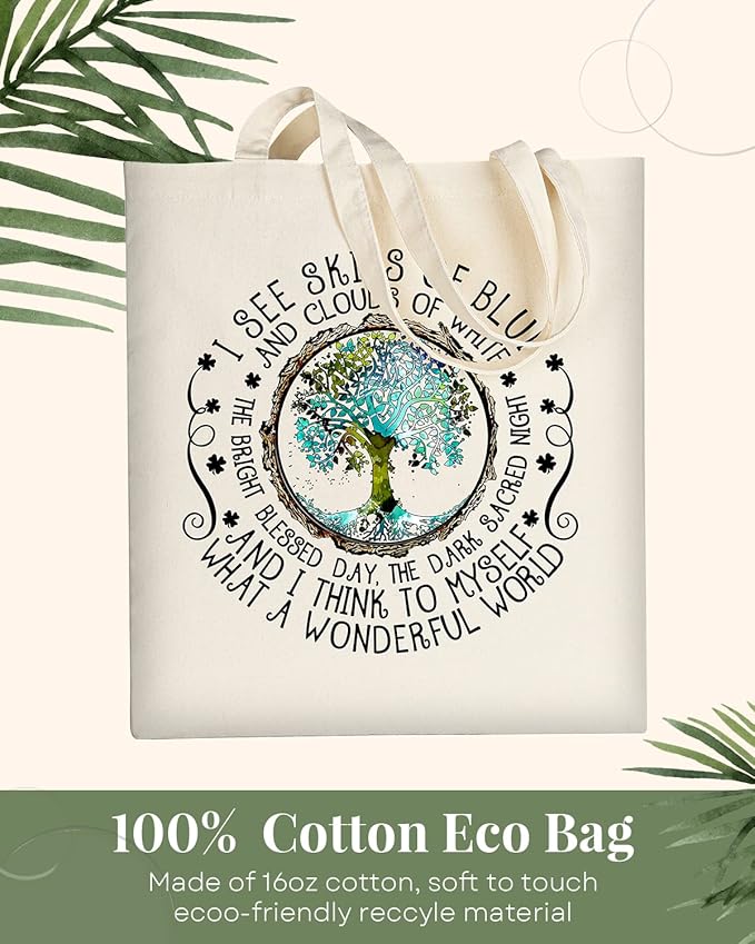 AUSVKAI Cute Canvas Tote Bag Aesthetic for Women Grocery Bags Cotton Beach Totes with Gift-Earth Tree