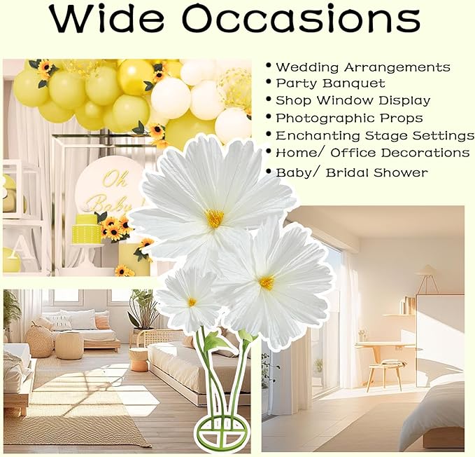3Pcs Giant Daisies Fake Flower Decorations, 6.1 Ft Large Artificial Flowers Backdrop Decoration Waterproof 3D Big Realistic Faux Flower Set for Home Wedding Garden Christmas Party Decor(White)