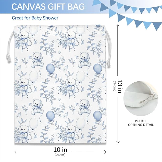 DSHFG Light Blue Bear Birthday Drawstring Gift Wrap Bags, Chinoiserie Animals Baby Shower Drawstring Gift Bags Canvas, Cute Bear Blue and White Small Happy Birthday Bag, 10x13 Inch