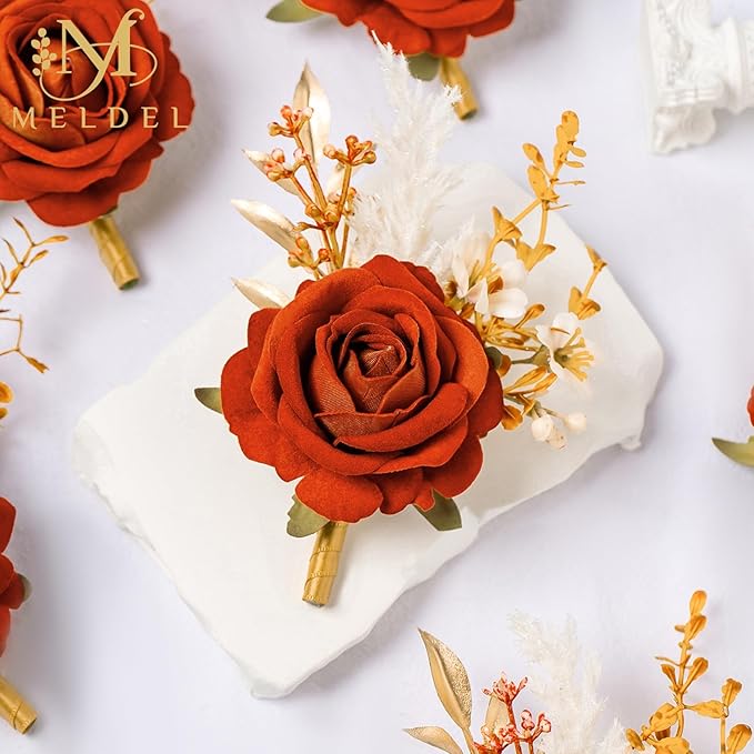 Meldel Burnt Orange Velvet Rose Boutonniere for Men,Set of 6,Groom and Best Man Boutonnieres with Artificial Flower,for Wedding Ceremony Anniversary, Dinner Party, Fall Vintage Rustic Marriage Prom