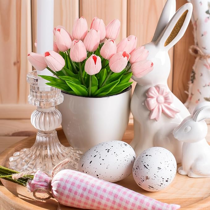 Real Touch Artificial Tulips, 20pcs Fake Tulip Flowers Stem, PU Faux Tulips 13.5” for Mother's Day, Home Decor, Wedding, Easter Valentine's Gift, Table Centerpieces, Floral Arrangements, Pink