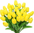 28pcs Yellow Flowers Artificial Tulip Stems Real Feel PU Tulips for Easter Spring Wreath Wedding Bouquet Centerpiece Floral Arrangement Cemetery Table Décor 13" Tall