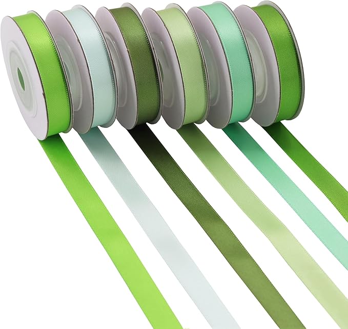 Sage Green Satin Ribbon Solid Fabric Ribbons 3/8'' inch Double-Faced Satin Ribbon for Gift Wrapping, Wedding, Birthday, Baby Shower Decor Floral Bouquet Crafts- 6 Colors X 5 Yards Each