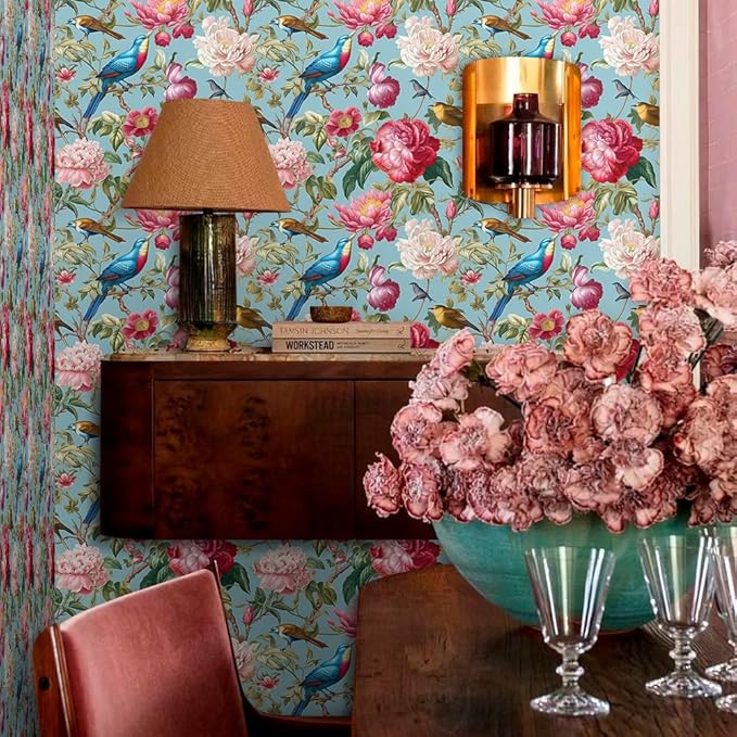 Vintage Pink Blue Peony Floral Birds Peel and Stick Wallpaper Easy Peel Off Contact Paper Stick on Adhesive Wall Paper for Bathroom Waterproof Renter Friendly