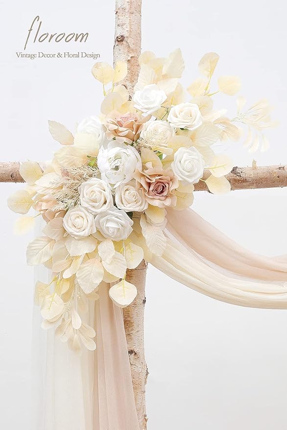 Floroom Arch Flowers with Drapes Kit (Pack of 4) - 2pcs Artificial Cream Floral Swag Arrangement with 2pcs Draping Fabric for Wedding Ceremony Arbor and Reception Backdrop Decoration