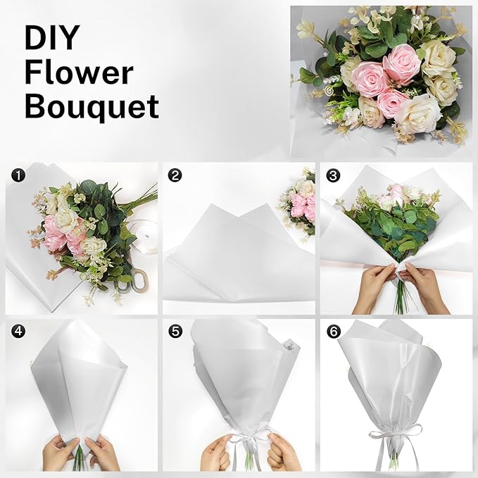 YTDEK Flower Wrapping Paper 20 Sheets White Floral Bouquet Wrapping Paper with Ribbon for Florist Supplies Wedding Shower Anniversary Birthday Graduation