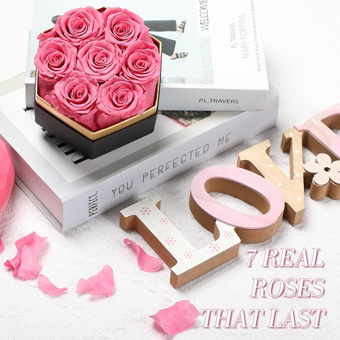 Preserved Roses Flowers for Delivery 7 Pcs, Forever Flores in a Box with Necklace, Eternal Rose Anniversary Birthday Gifts for Women Mom Wife Girlfriend, Rosas for Valentines Christmas, Pink