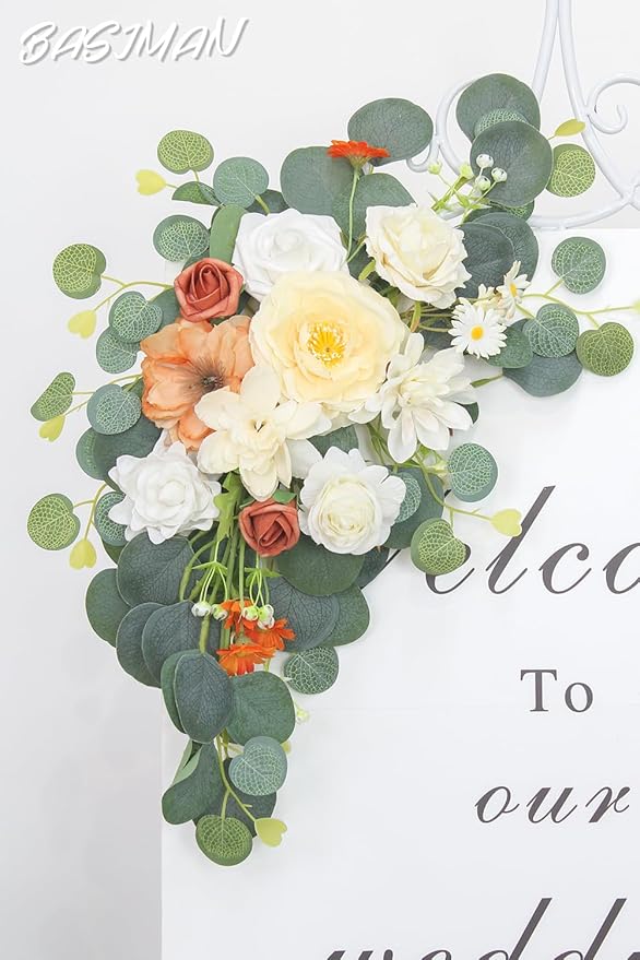 2pcs Wedding Arch Flowers,Wedding Welcome Sign,centerpieces for Tables,Reception Backdrop Table Decorations Welcome Sign (White Orange)