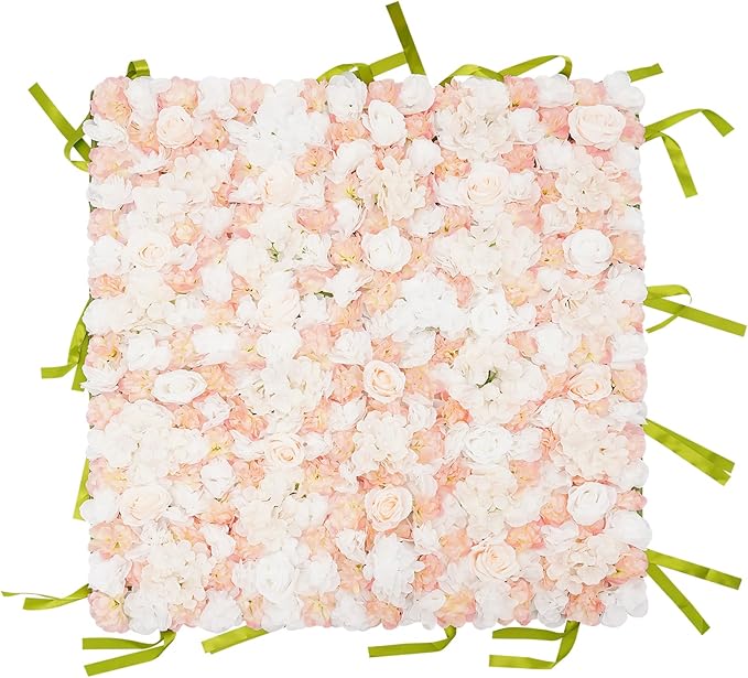 CNCEST Artificial Flower Wall Panels, Flower Wall Mat Silk Rose Flower Panels, Artificial Flower Wall Background (Green+White+Champagne)