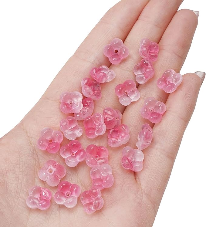 100PCS Glass Flower Beads for Jewelry Making 4 Petal Flower Bead Caps Gradient Cute Floral Beads Aesthetic Charms for Necklace Bracelets Earrings DIY Craft Home Decoration-Peachpink